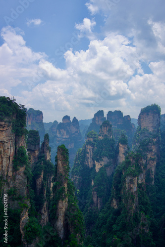 Zhangjiajie Cliff Mountains - National Forest Park Landscape in China. Dark Avatar Mountains. Mysterious and gloomy cliffs. 