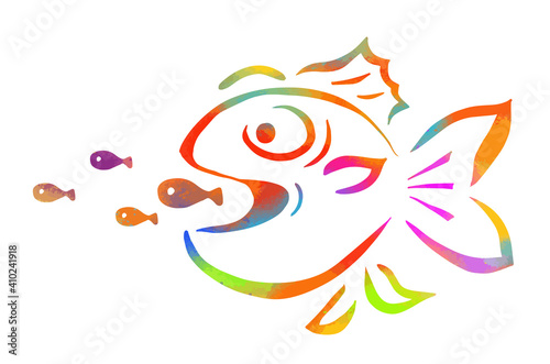 Predator eats predator. Hungry evil fish. big multicolored fish eat small fish. Vector illustration.