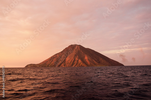Stromboli Volcano, Island at Sunset in Aeolian Islands, Europe.