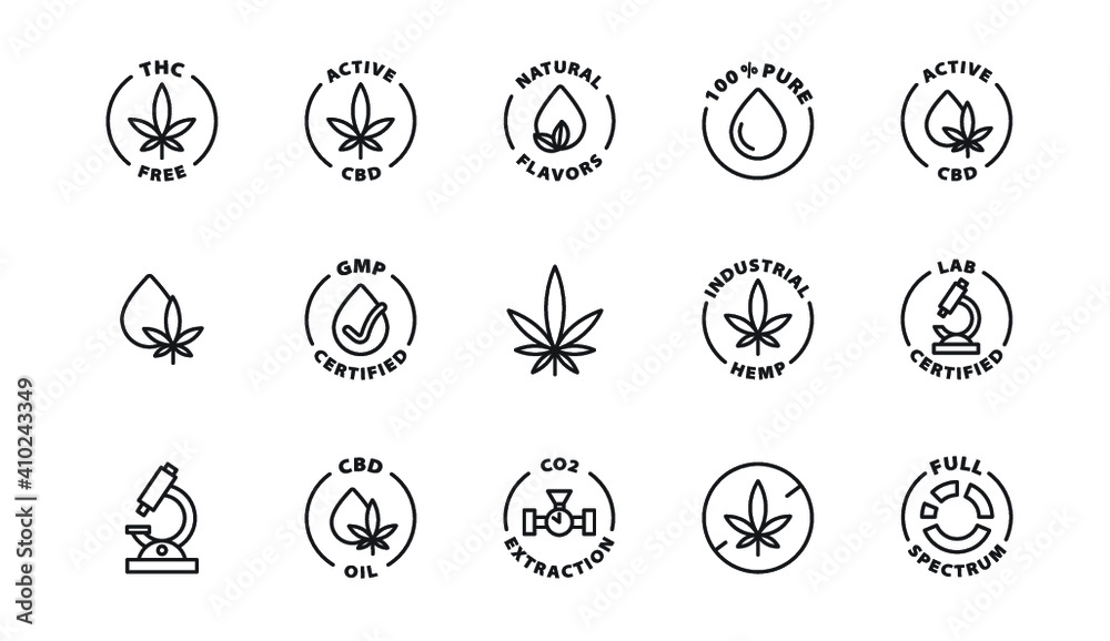 black and white hemp cannabis cbd icon set