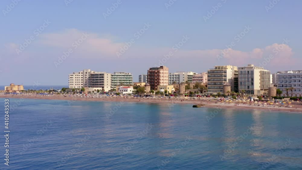 Aerial video of Rhodes city and Elli beach, a popular summer tourist destination, Dodecanese, Aegean, Greece
