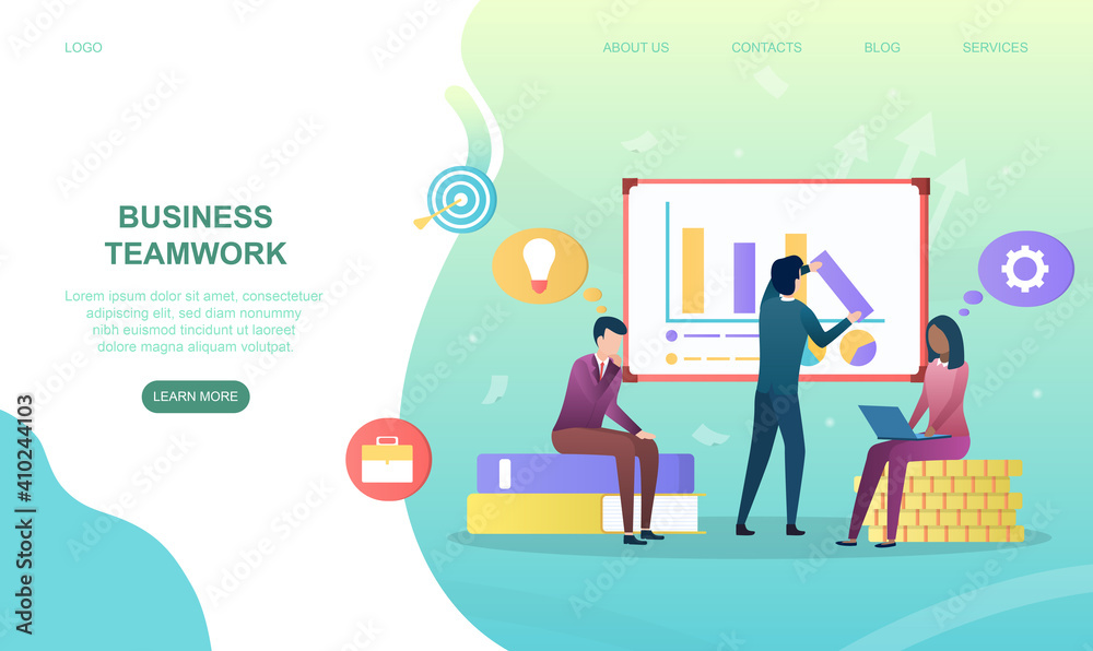 Male and female characters are working together in team. Concept of successful business teamwork. Working with infographics. Website, web page, landing page template. Flat cartoon vector illustration