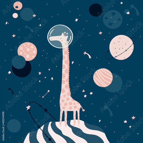 Cute giraffe in space. Planets, stars. Children's illustration for cards, posters, clothes. Vector illustration.