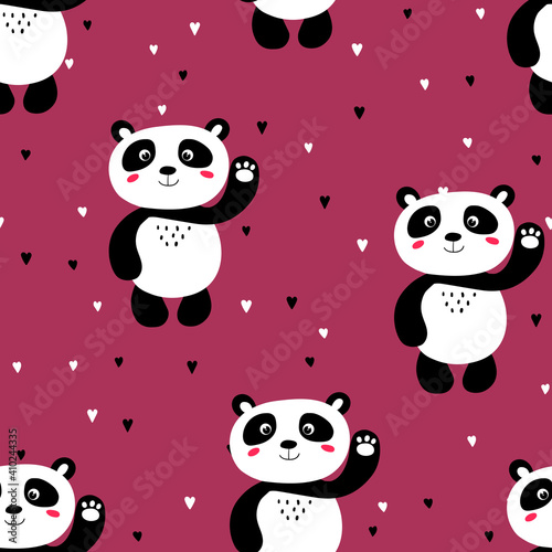 Fototapeta Naklejka Na Ścianę i Meble -  Seamless pattern with cute panda baby on color background. Funny asian animals. Card, postcards for kids. Flat vector illustration for fabric, textile, wallpaper, poster, gift wrapping paper.