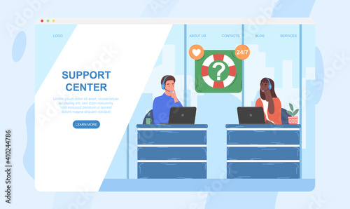 Male and female characters are working at support center. Man and woman are sitting in studio with headphones on and talking to people on helpline. Flat cartoon vector illustration