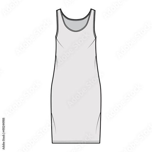 Tank dress technical fashion illustration with scoop neck, straps, knee length, oversized body, Pencil fullness. Flat apparel template front, grey color. Women, men, unisex CAD mockup