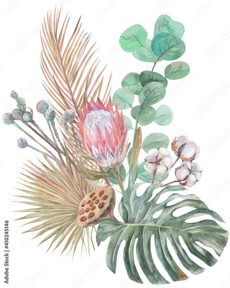 watercolor watercolor boho bouquet herbarium of tropical dried flowers palm leaves isolated on a white background for printsisolated on a white background for prints