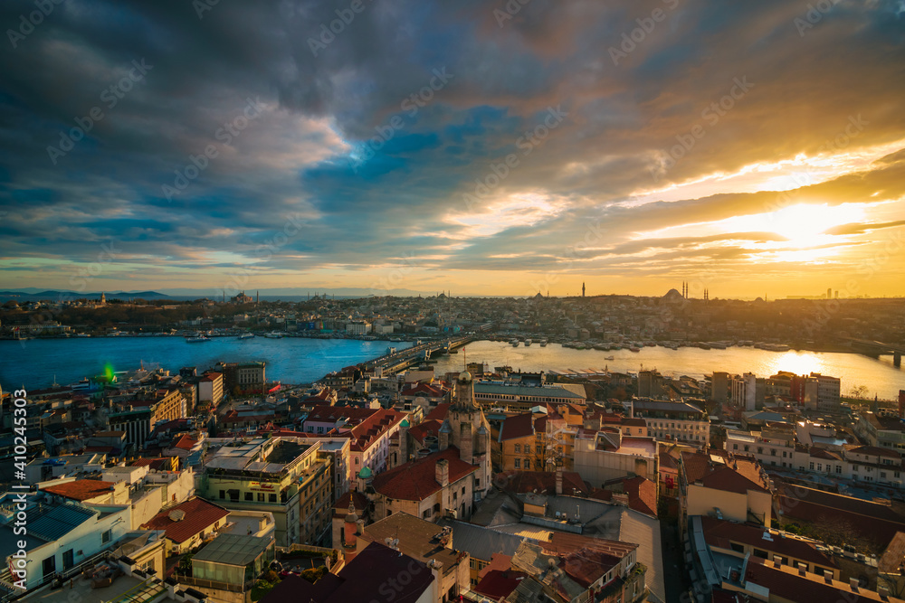 Cityscape of Istanbul at Sunset from Galata Tower. Golden Horn and Historical peninsula of Istanbul. HDR photo. Istanbul background photo. Travel to Istanbul.