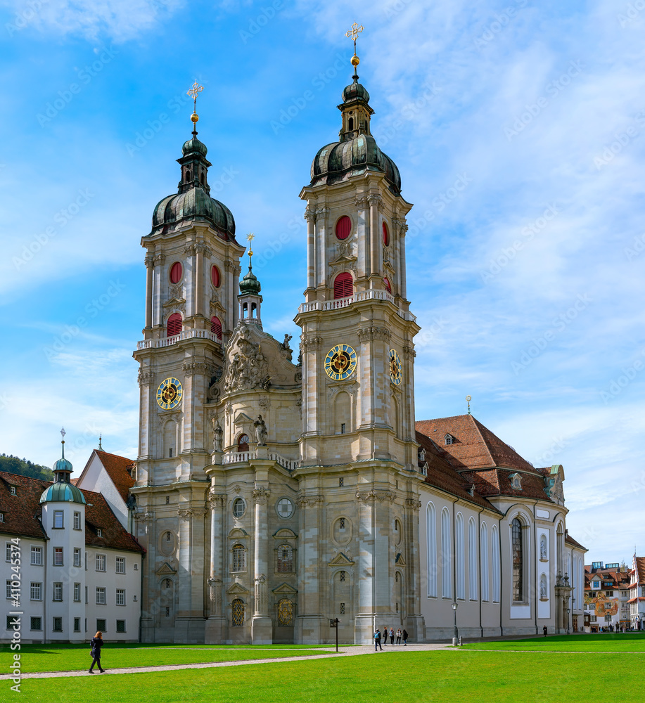 SANKT GALLEN, SWITZERLAND - September 27, 2020: St. Gallen is a city south of Lake Constance in northeastern Switzerland. Abbey Cathedral of Saint Gall SANKT GALLEN, SWITZERLAND - September 27, 2020: St. Gallen is a city south of Lake Constance in northeastern Switzerland. Abbey Cathedral of Saint Gall