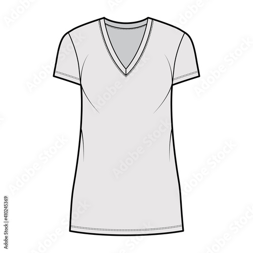 T-shirt dress technical fashion illustration with V-neck, short sleeves, mini length, oversized body, Pencil fullness. Flat apparel template front, grey color. Women, men, unisex CAD mockup