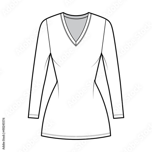 T-shirt dress technical fashion illustration with V-neck, long sleeves, mini length, fitted body, Pencil fullness. Flat apparel template front, white color. Women, men, unisex CAD mockup