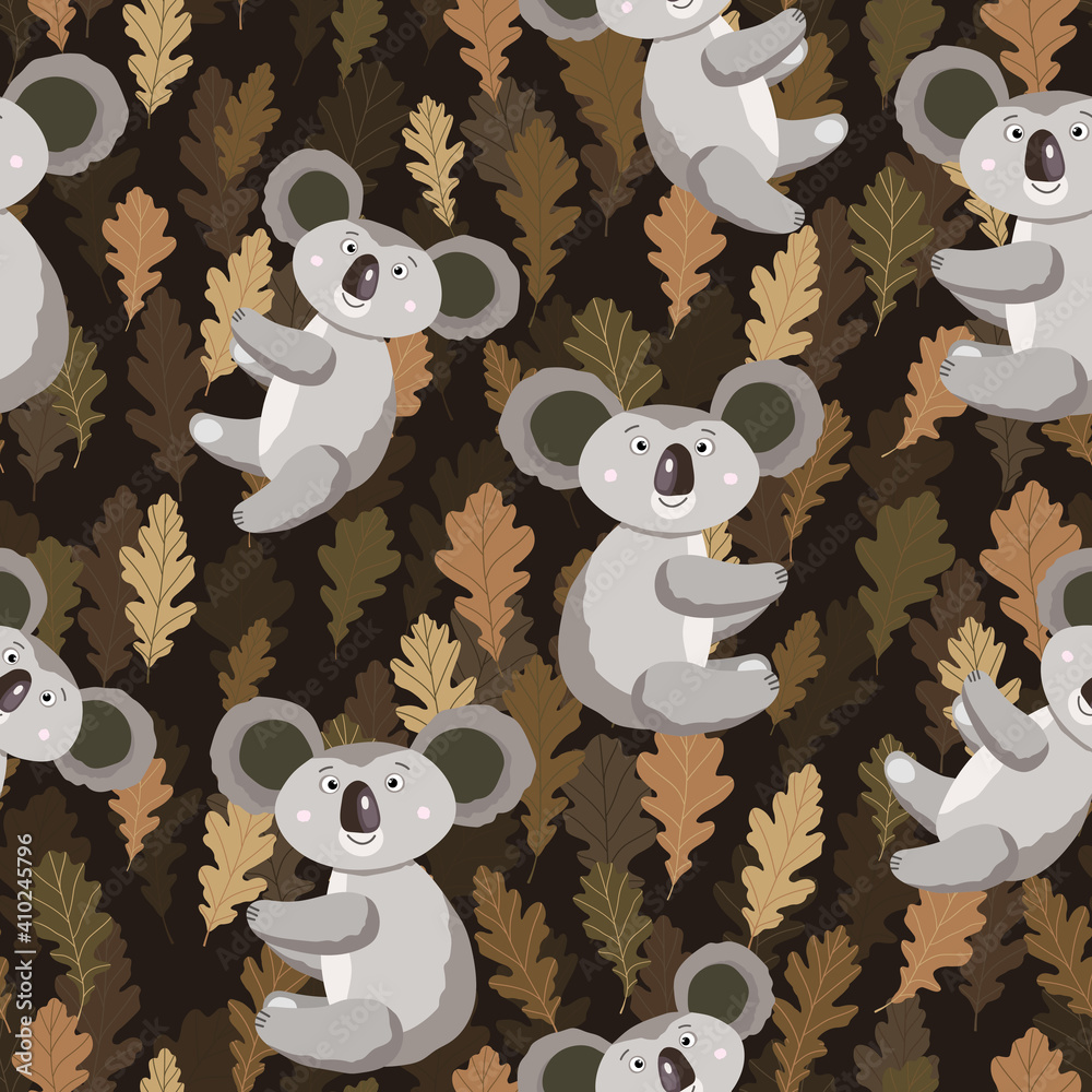 Seamless pattern with cute koala baby and leaves on color background. Funny  australian animals. Card, postcards for kids. Flat vector illustration for  fabric, textile, wallpaper, poster, paper. Stock Vector | Adobe Stock
