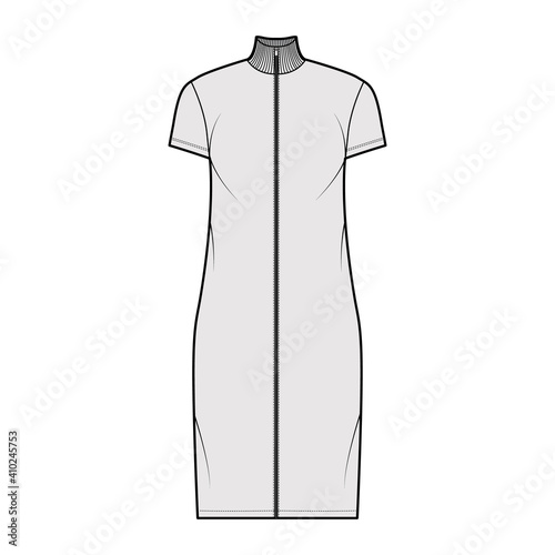 Turtleneck zip-up dress technical fashion illustration with short sleeves, knee length, oversized body, Pencil fullness. Flat apparel template front, grey color. Women, men, unisex CAD mockup
