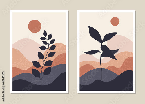 Art landscape wall set. Abstract landscape design for covers, posters, prints, wall art in a minimalist style. Vector.