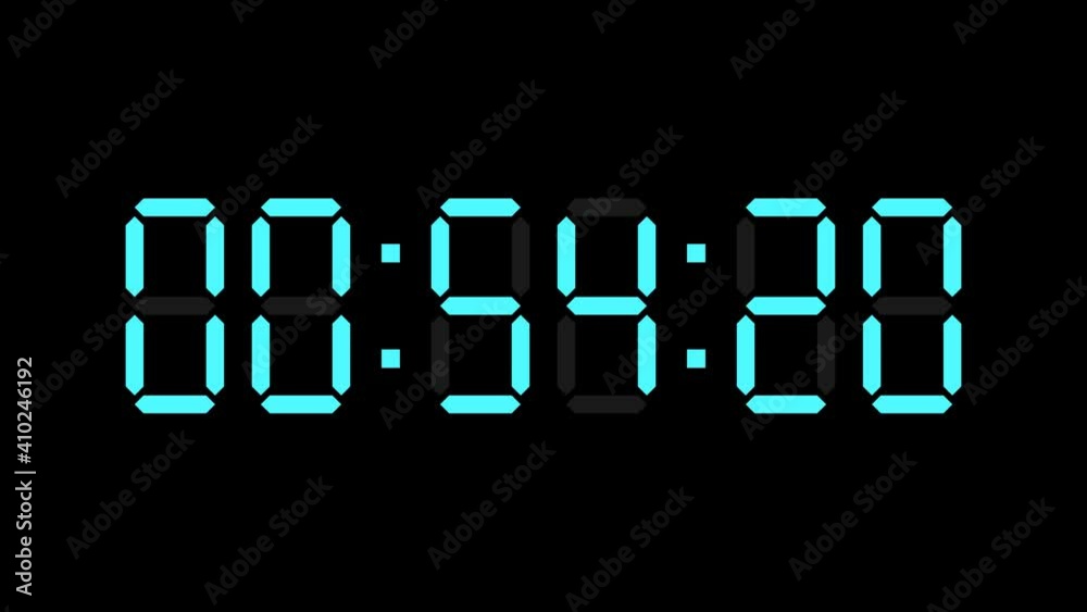 One minute countdown timer of glowing led electronic blue digits on black background with alpha channel.