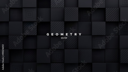Black mosaic background. Random cubes backdrop