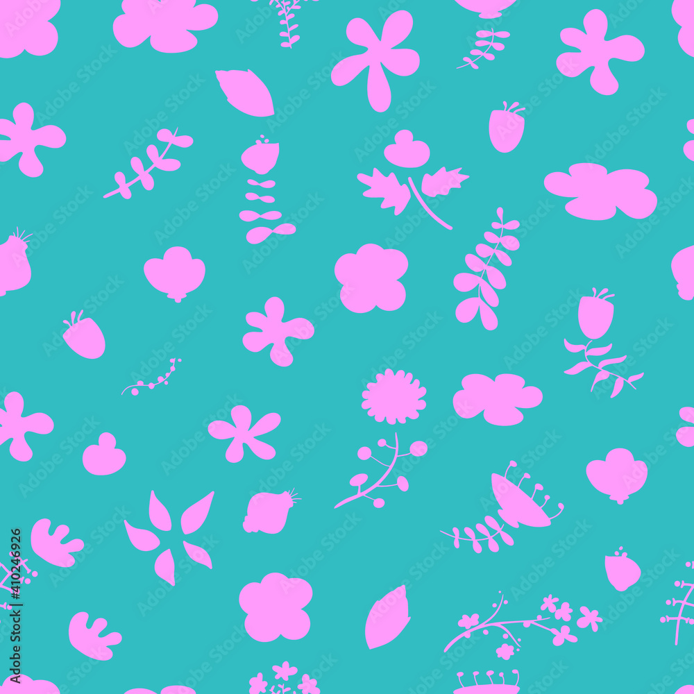 Seamless pattern with pink, purple flowers on a cyan, blue background. Seamless pattern with pink, purple flowers on a cyan, blue background.