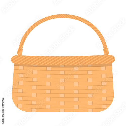 Wicker picnic basket for food and drinks. Woven willow basket with handle isolated on white background. Vector flat cartoon illustration.