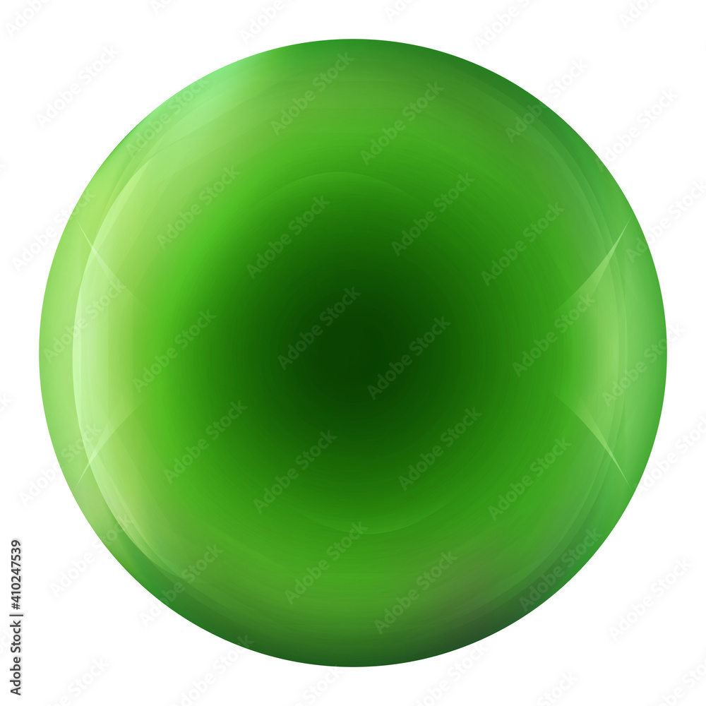 Glass neon green ball or precious pearl. Glossy realistic ball, 3D abstract vector illustration highlighted on a white background. Big metal bubble with shadow.