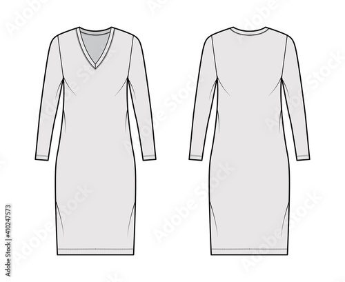 T-shirt dress technical fashion illustration with V-neck, long sleeves, knee length, oversized body, Pencil fullness. Flat apparel template front, back, grey color. Women, men, unisex CAD mockup