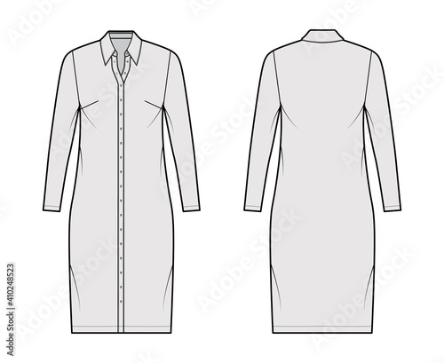 Shirt dress technical fashion illustration with classic regular collar, knee length, oversized body, Pencil fullness, button up. Flat apparel template front, back, white color. Women, men, CAD mockup