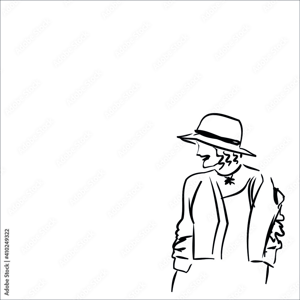 girl in a hat, fashion. young girl profile. black and white image. line hand draw. sketch, doodle. print for clothes. looks fashionable.  arrogant woman. vector eps 10