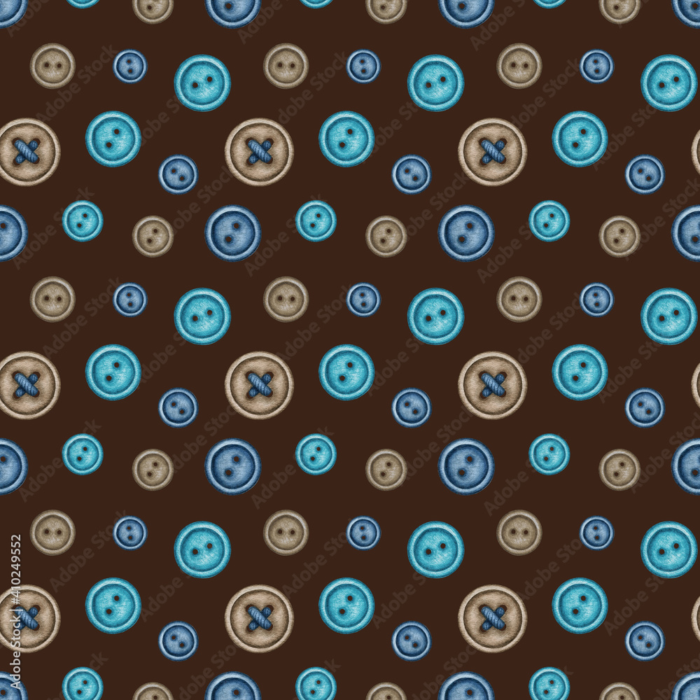 Watercolor various color and size Buttons Seamless Pattern. Colorful turquoise blue brown sewing supplies. Hand drawn background for seamstress, hobby blog design, package, wrapping paper, textile
