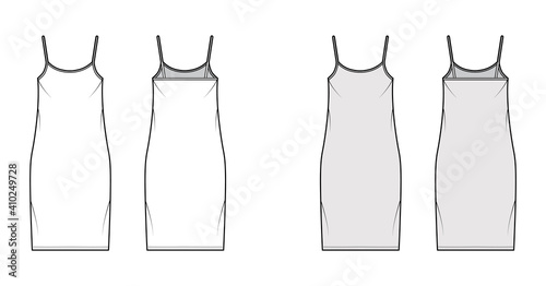 Camisole dress technical fashion illustration with scoop neck, straps, knee length, oversized body, Pencil fullness. Flat apparel template front, back, white, grey color. Women, men, unisex CAD mockup