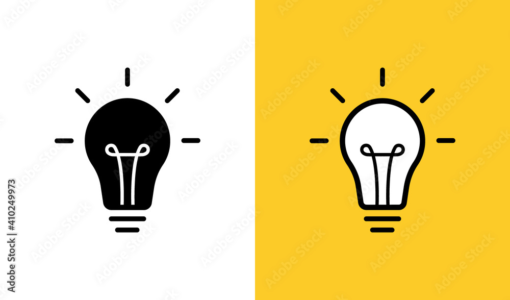 Creative idea. Set of standing light bulbs. Light with rays. Vector illustration
