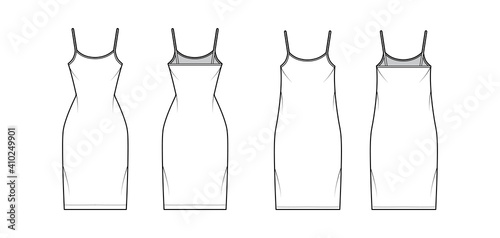 Camisole dress technical fashion illustration with scoop neck, straps, knee length, oversized, fitted body, Pencil fullness. Flat apparel template front, back, white color. Women men unisex CAD mockup