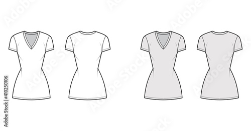 T-shirt dress technical fashion illustration with V-neck, short sleeves, mini length, fitted body, Pencil fullness. Flat apparel template front, back, white, grey color. Women, men, unisex CAD mockup