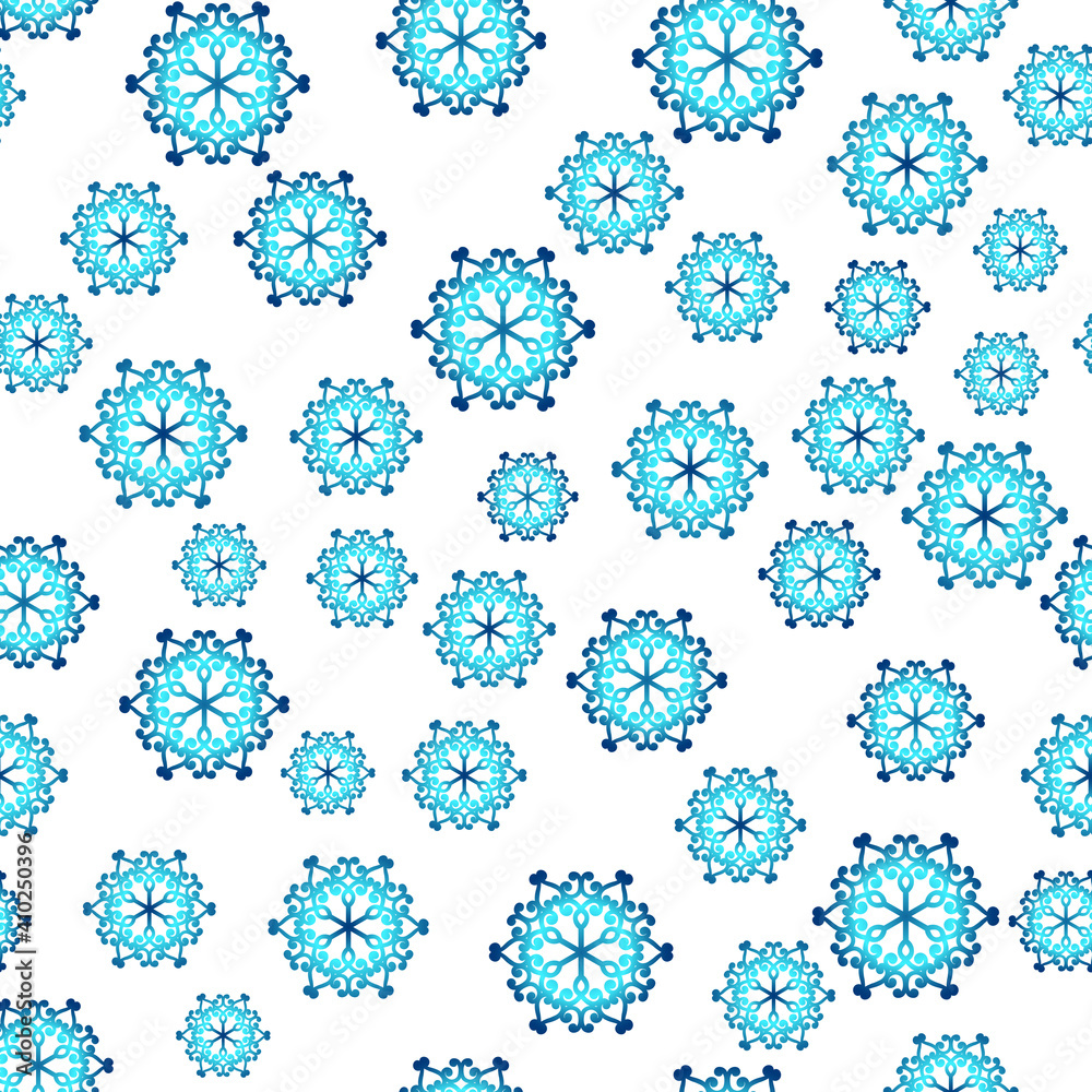 Winter seamless pattern with colorful gradient snowflakes on white background. Vector illustration for fabric, textile wallpaper, posters, gift wrapping paper. Christmas vector illustration. Winter seamless pattern with colorful gradient snowflakes on white background. Vector illustration for fabric, textile wallpaper, posters, gift wrapping paper. Christmas vector illustration.