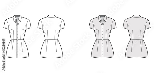 Shirt dress technical fashion illustration with classic regular collar, mini length, fitted body, Pencil fullness, button up. Flat apparel template front, back, white, grey color. Women men CAD mockup