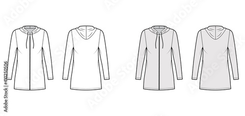 Hoodie zip-up dress technical fashion illustration with long sleeves, mini length, oversized body, Pencil fullness. Flat apparel template front, back, white, grey color. Women, men, unisex CAD mockup
