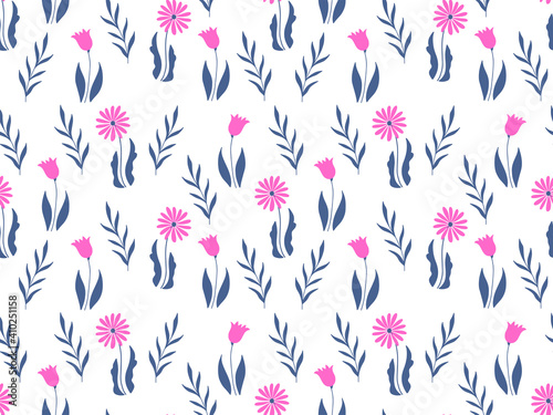 Seamless spring pattern floral with flowers - chamomile, peonies, leaves isolated on white background. Vector illustration for wrapping, fabric, web, party, invitation, wallpaper, wedding, textile.