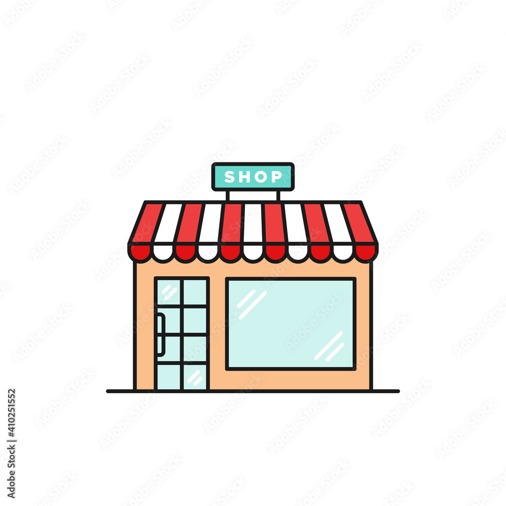 Obraz premium Linear colorful warehouse icon. Shop sign above. Glass door. Vector illustration, flat design