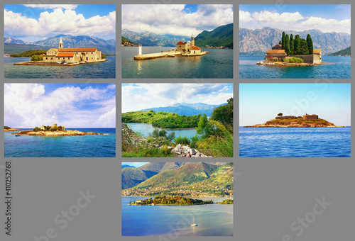 Montenegro. Seven islets of Kotor Bay: Island of the Merciful Virgin; Our Lady of the Rocks; Island of St. George; Mala Gospa; Stradioti; Mamula; Island of Flowers. Collage