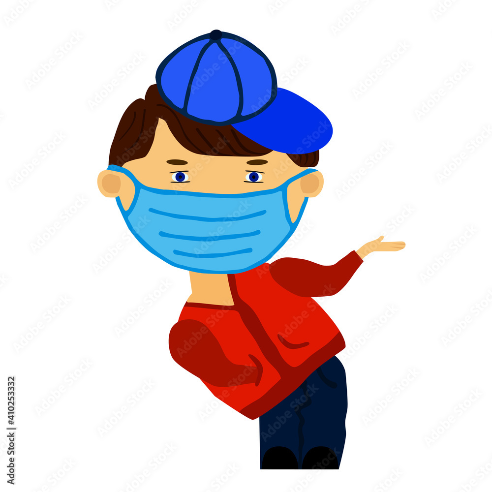 Boy in blue cap, college red Jacket leaned on side in medicine mask. Vector illustration young, casual man. Emoji cool outlined portrait. Vector sick boy in a blue baseball cap shows a hand gesture