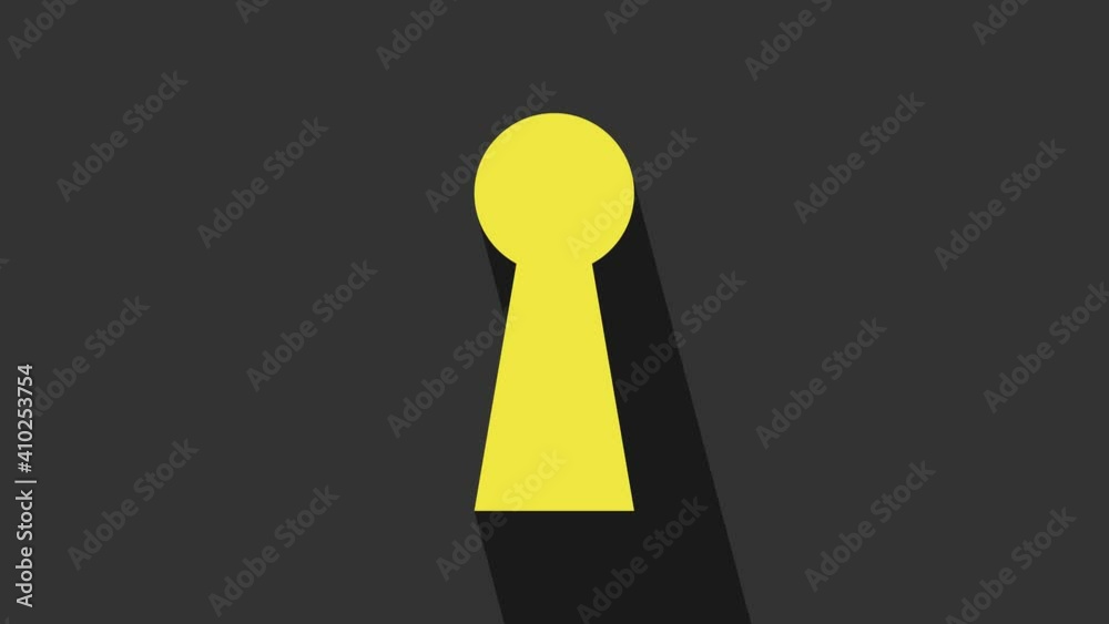 Yellow Keyhole icon isolated on grey background. Key of success solution. Keyhole express the concept of riddle, secret, safety, security. 4K Video motion graphic animation