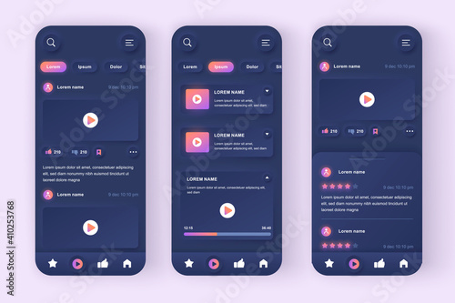 Video Tube unique neomorphic design kit. Video content streaming service, multimedia search and watch, online video platform. UI UX templates set. Vector illustration of GUI for responsive mobile app.