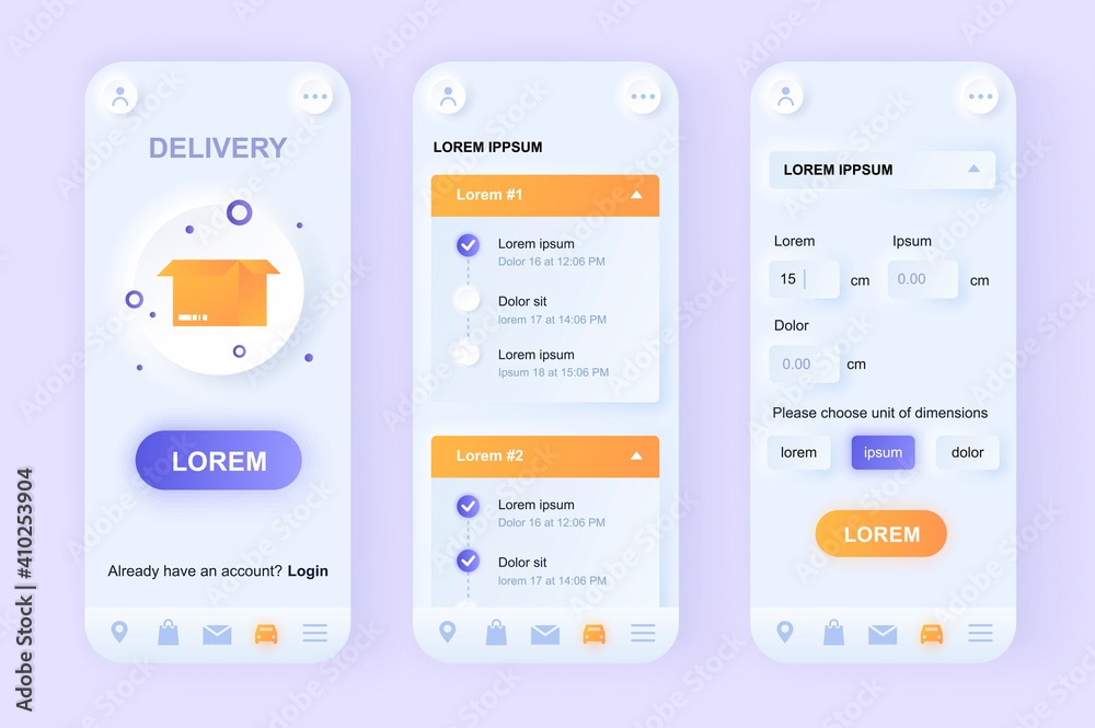 Delivery service unique neomorphic design kit. Online order and express delivery service with shipping time and route description. UI UX templates set. Vector illustration of GUI for mobile app. Delivery service unique neomorphic design kit. Online order and express delivery service with shipping time and route description. UI UX templates set. Vector illustration of GUI for mobile app.