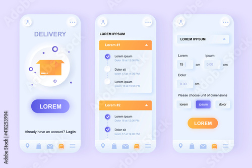Delivery service unique neomorphic design kit. Online order and express delivery service with shipping time and route description. UI UX templates set. Vector illustration of GUI for mobile app.