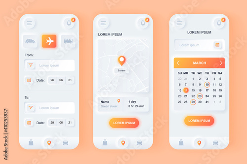 Delivery service unique neomorphic design kit. Express delivery solution with shipping time, calendar planner, route on map. UI UX templates set. Vector illustration of GUI for responsive mobile app.