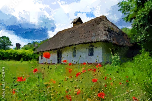 Oil paintings landscape, old house in the village