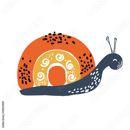 Cute hand drawn cochlea on a white background in Scandinavian style. Vector hand drawn color illustration for poster, fabric, print, textile, wrappert. Cute baby animals.