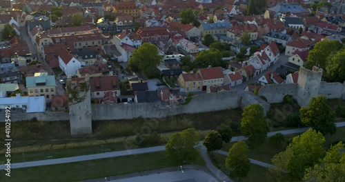 Aerial view over city of Visby during an summer sunset, Sweden