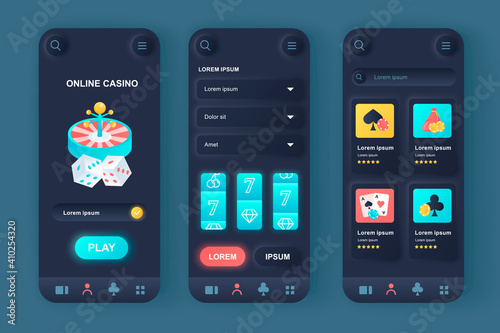 Online Casino unique neomorphic design kit. Gambling games online platform, slot machine and roulette. Games of fortune UI UX templates set. Vector illustration of GUI for responsive mobile app.