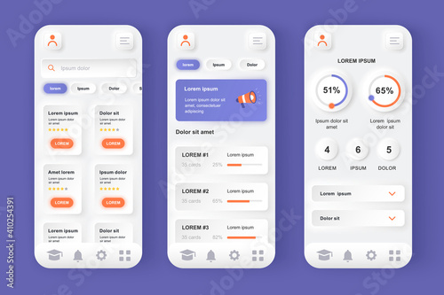 Online learning platform unique neomorphic design kit. Distance learning, online education, professional seminars and courses. UI UX templates set. Vector illustration of GUI for responsive mobile app