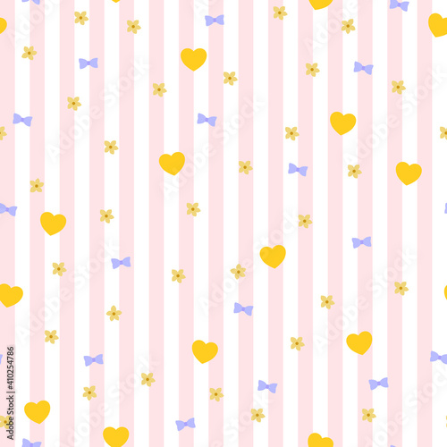 Seamless pattern with yellow hearts, blue bows and golden flowers on pink background. Ornament with hearts, bands and flowers on a salmon color texture. Lovely cute vector design for underwear.