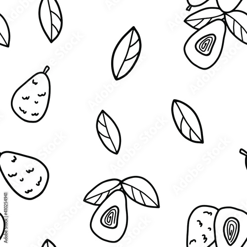 Avocado seamless pattern on a white background. Vector black and white background from outline avocado, avocado halves and leaves in doodle style for print, textile, coloring.